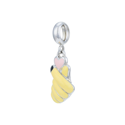 Silver charm with a yellow heart and pink heart on a white background