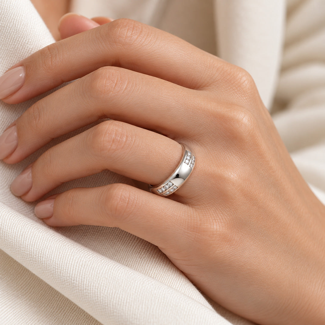 Double-Row Pave Accent Domed Sterling Silver Ring