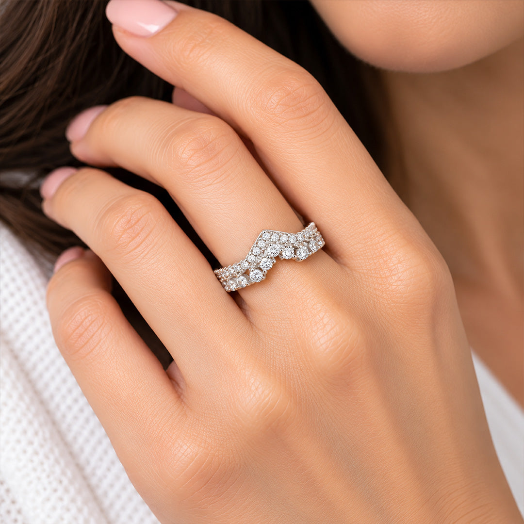 Double-Row Pave V-Shape Wishbone Sterling Silver Ring
