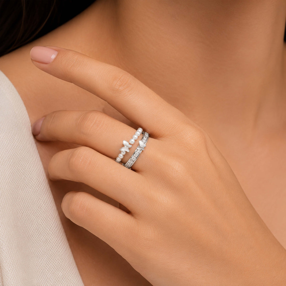 Double Layer Butterfly Pearl Silver Ring