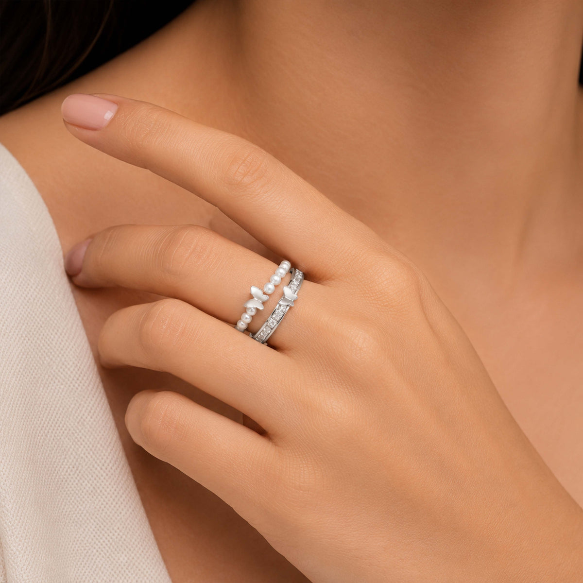 Double Layer Butterfly Pearl Silver Ring