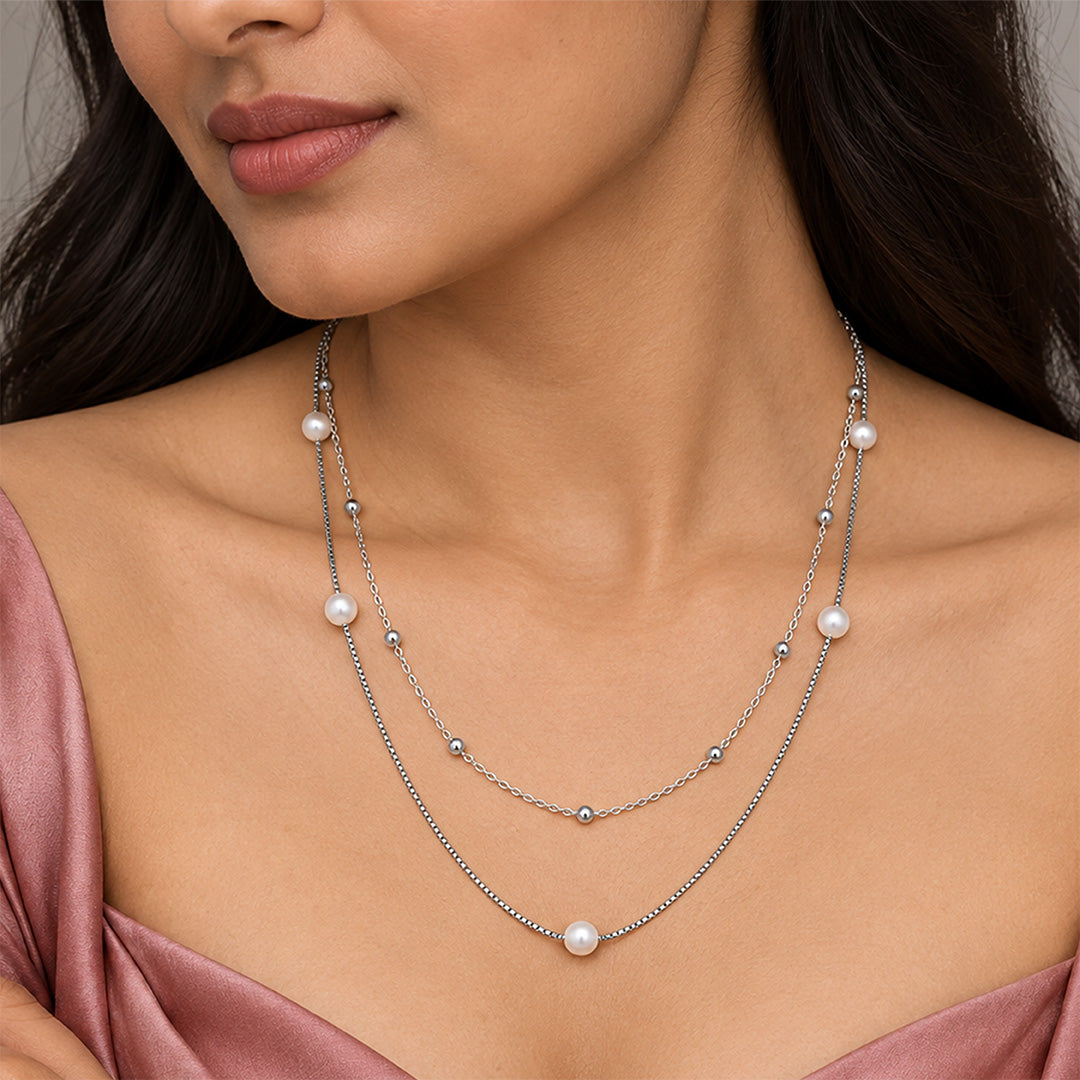 Double Layer Pearl and Bead Station Sterling Silver Chain