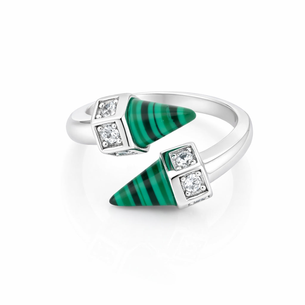 Silver ring with green malachite inlay and diamond accents on a white background