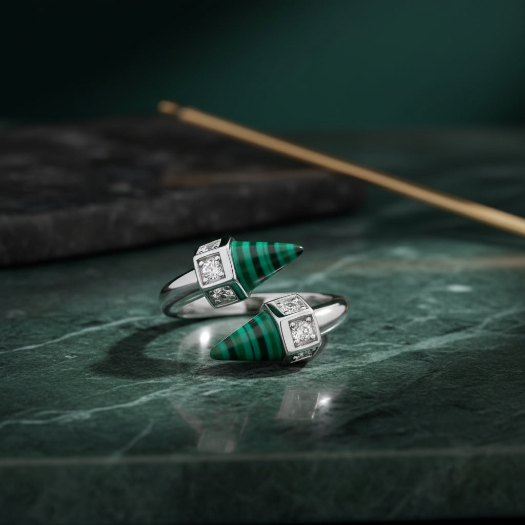 Double Cone Malachite Inspired 925 Sterling Silver Ring for Women