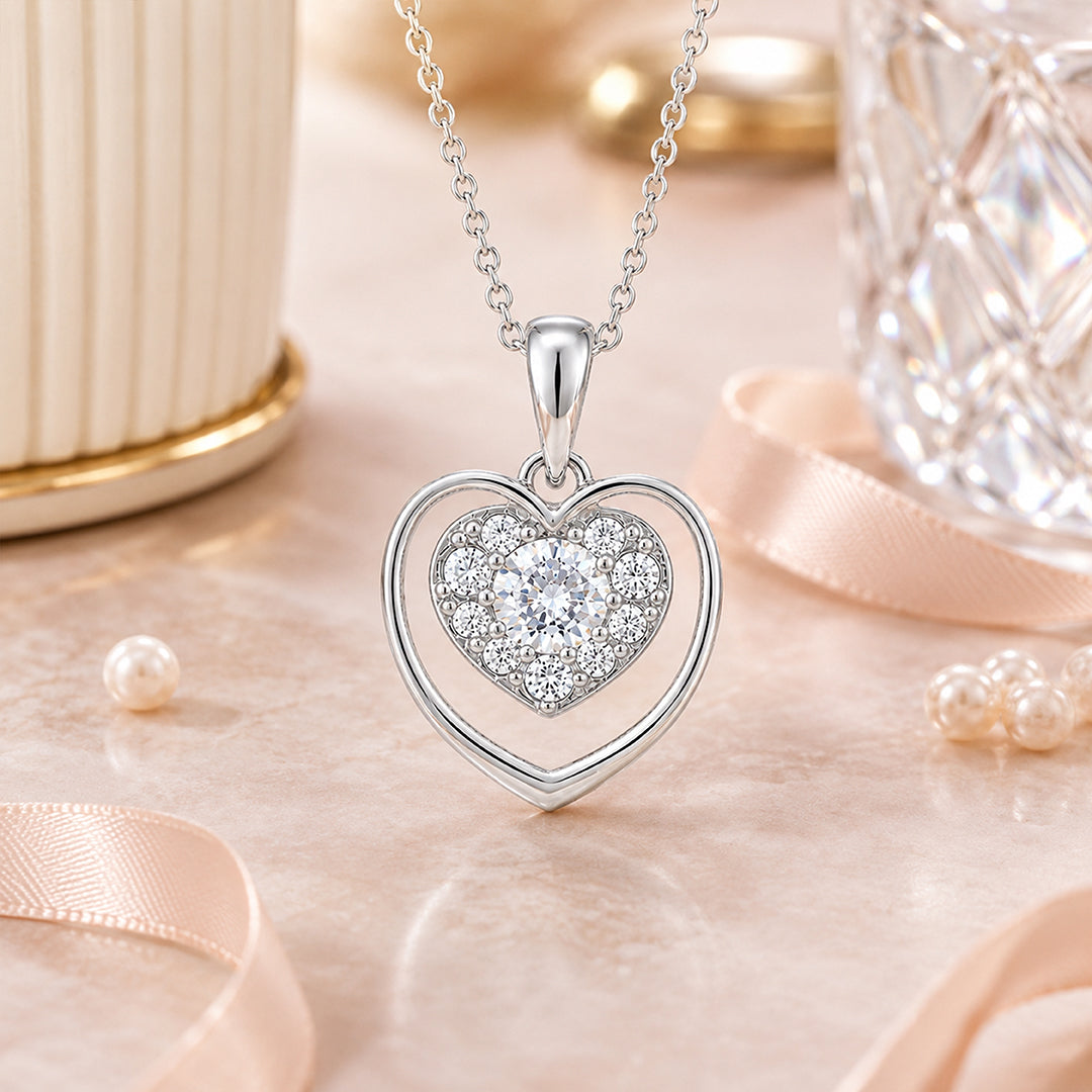 Double Heart Halo Glow 925 Sterling Silver Pendant for Women