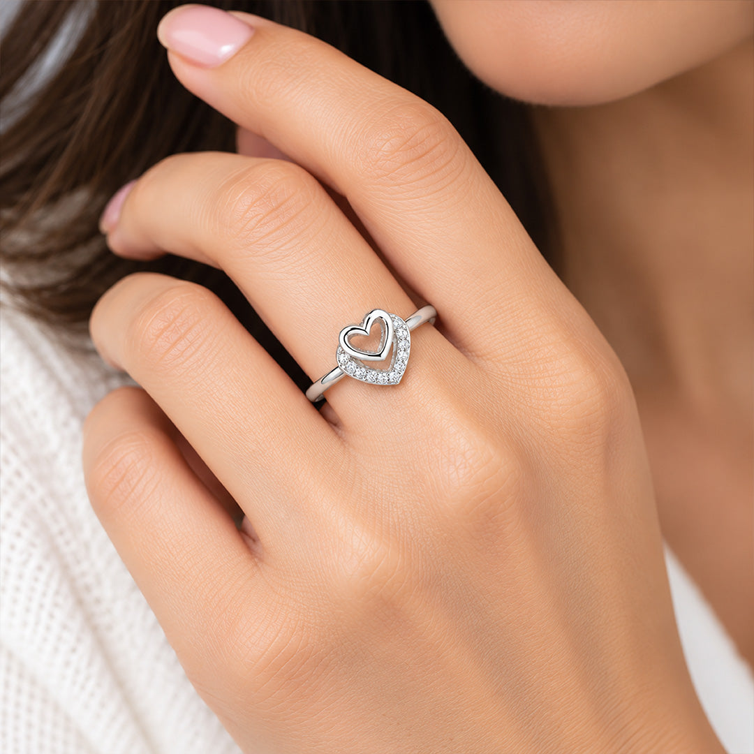 Double Heart Halo Sterling Silver Ring