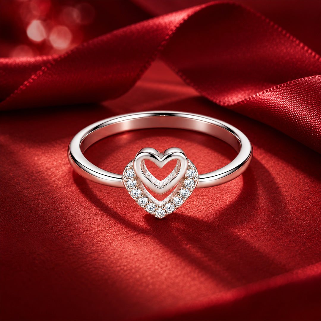 Double Heart Halo Sterling Silver Ring