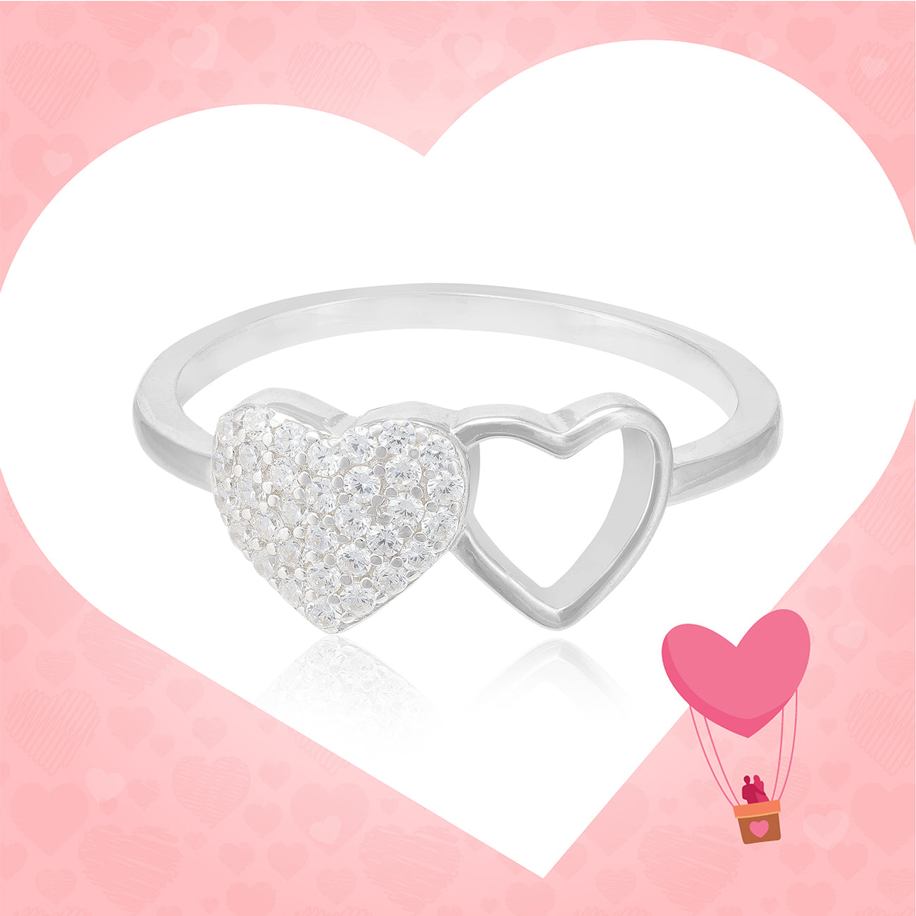 Double Heart Rhodium Plated  Shine Classy Ring