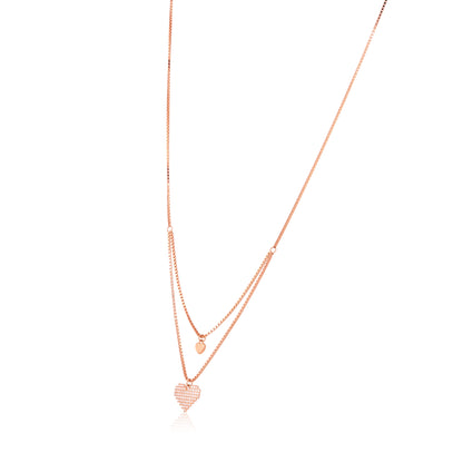 Rose gold necklace with heart pendants on a white background