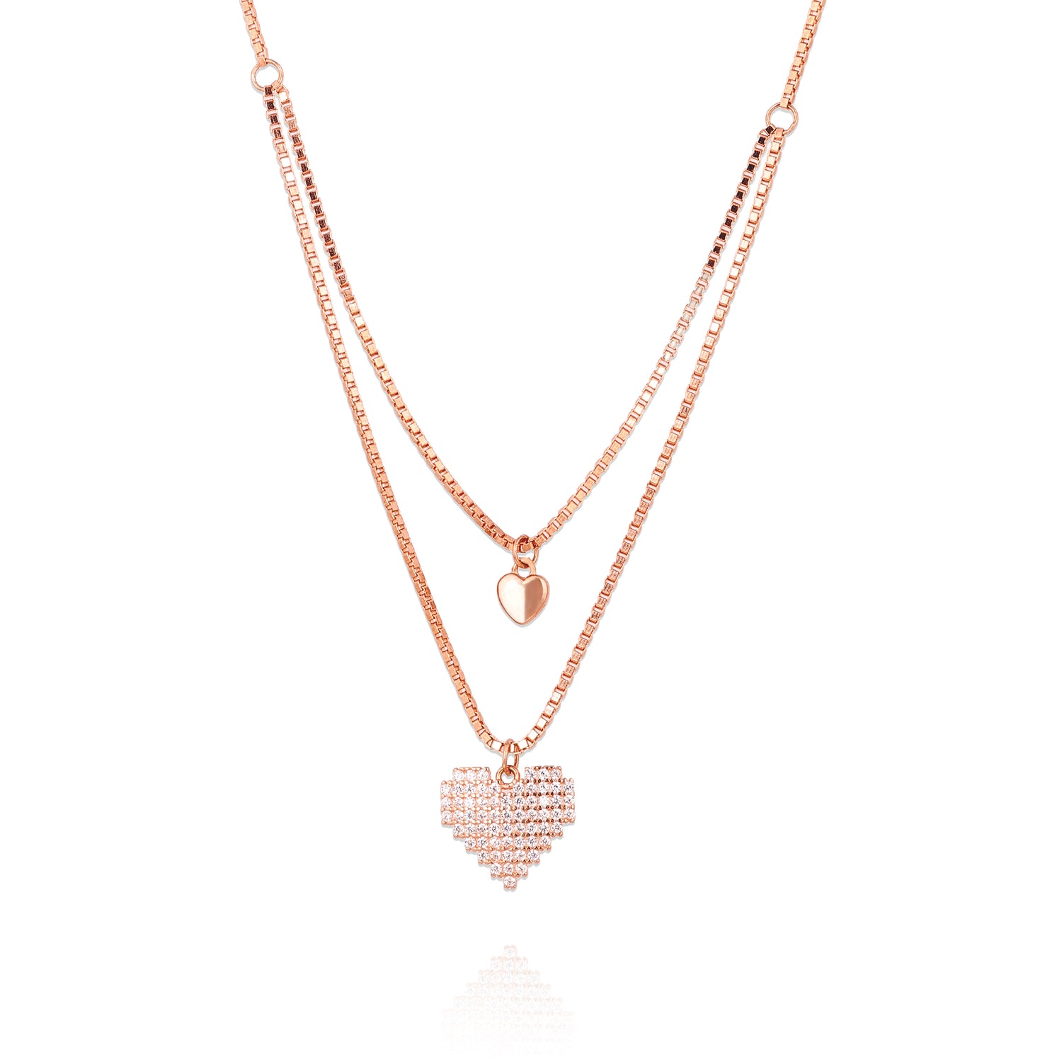 Rose gold heart-shaped necklace on a white background