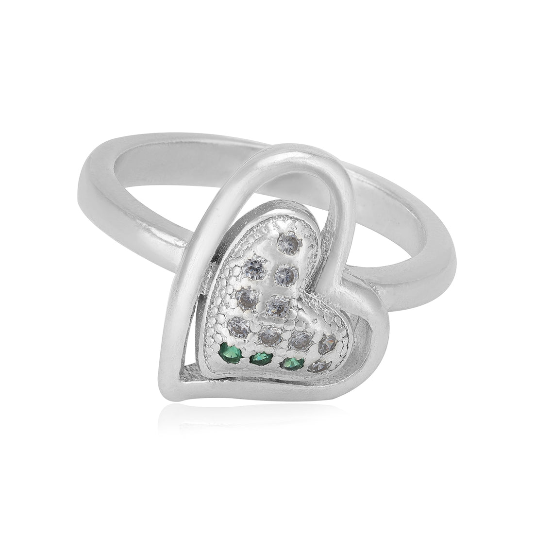 Double Hearts Rhodium Plated White Green Stone Rings
