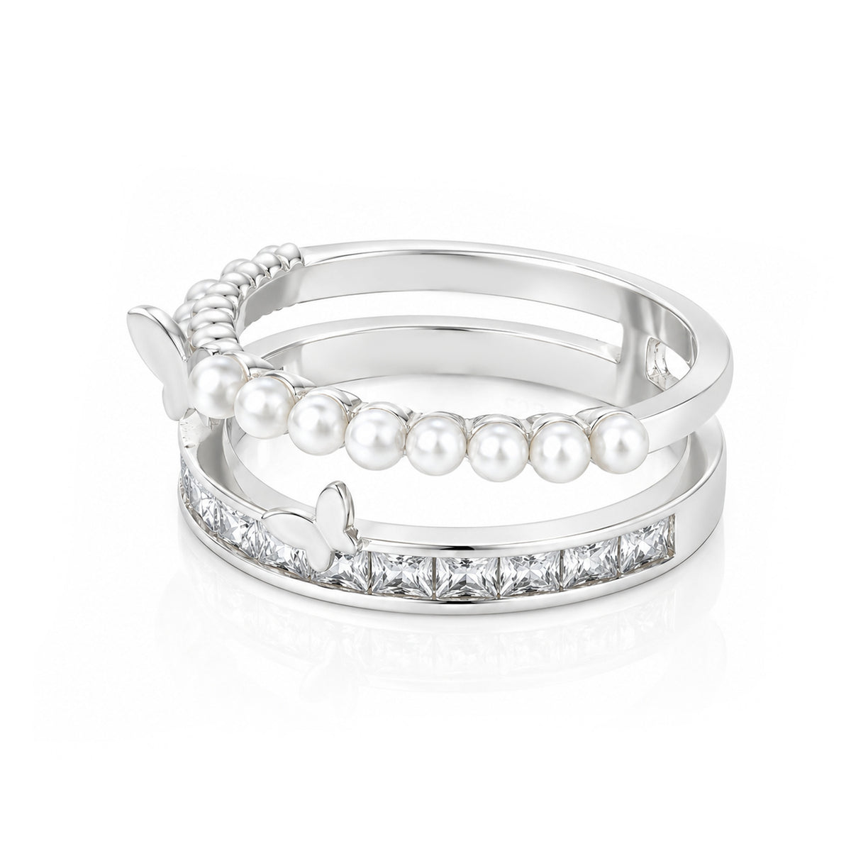 Double Layer Butterfly Pearl Silver Ring