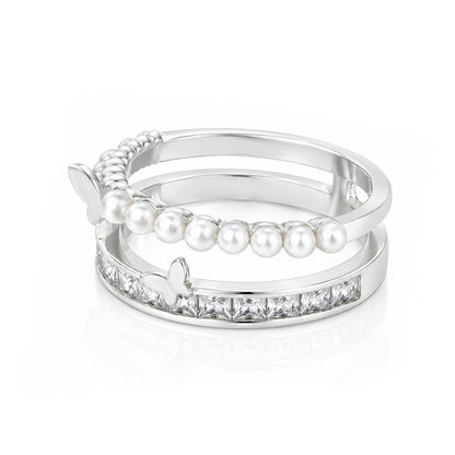 Double Layer Butterfly Pearl Silver Ring