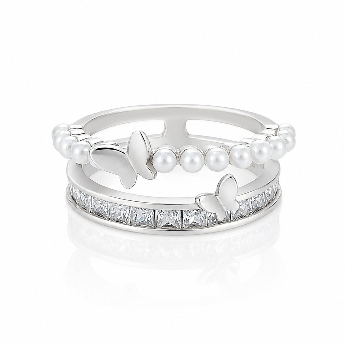Double Layer Butterfly Pearl Silver Ring