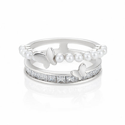Double Layer Butterfly Pearl Silver Ring