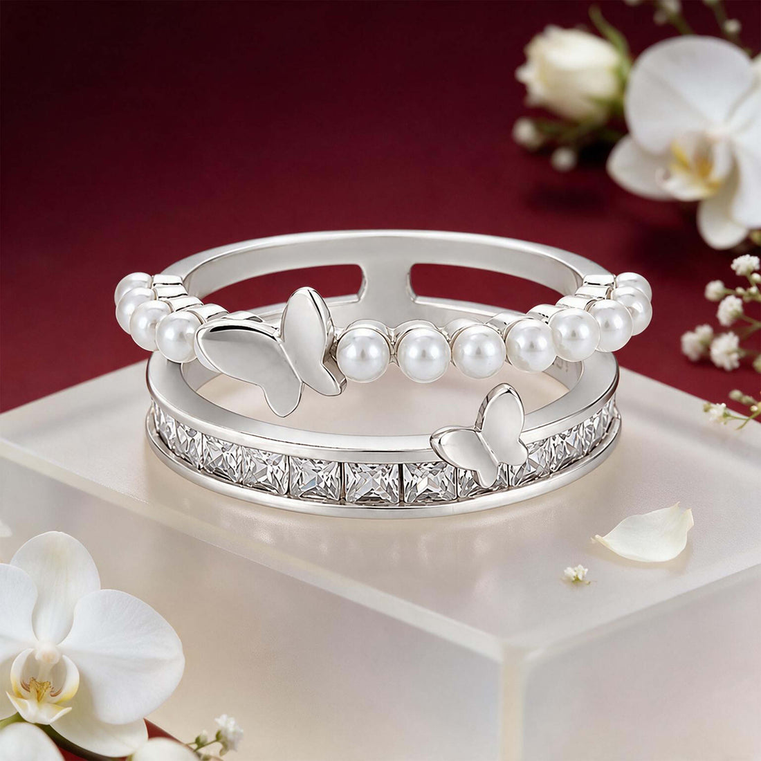 Double Layer Butterfly Pearl Silver Ring