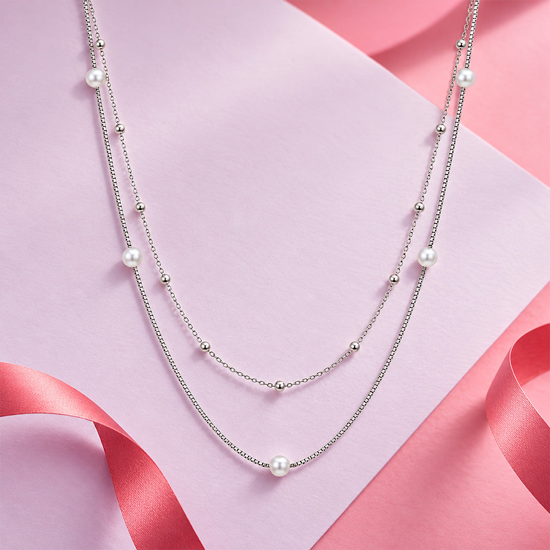 Double Layer Pearl and Bead Station Sterling Silver Chain