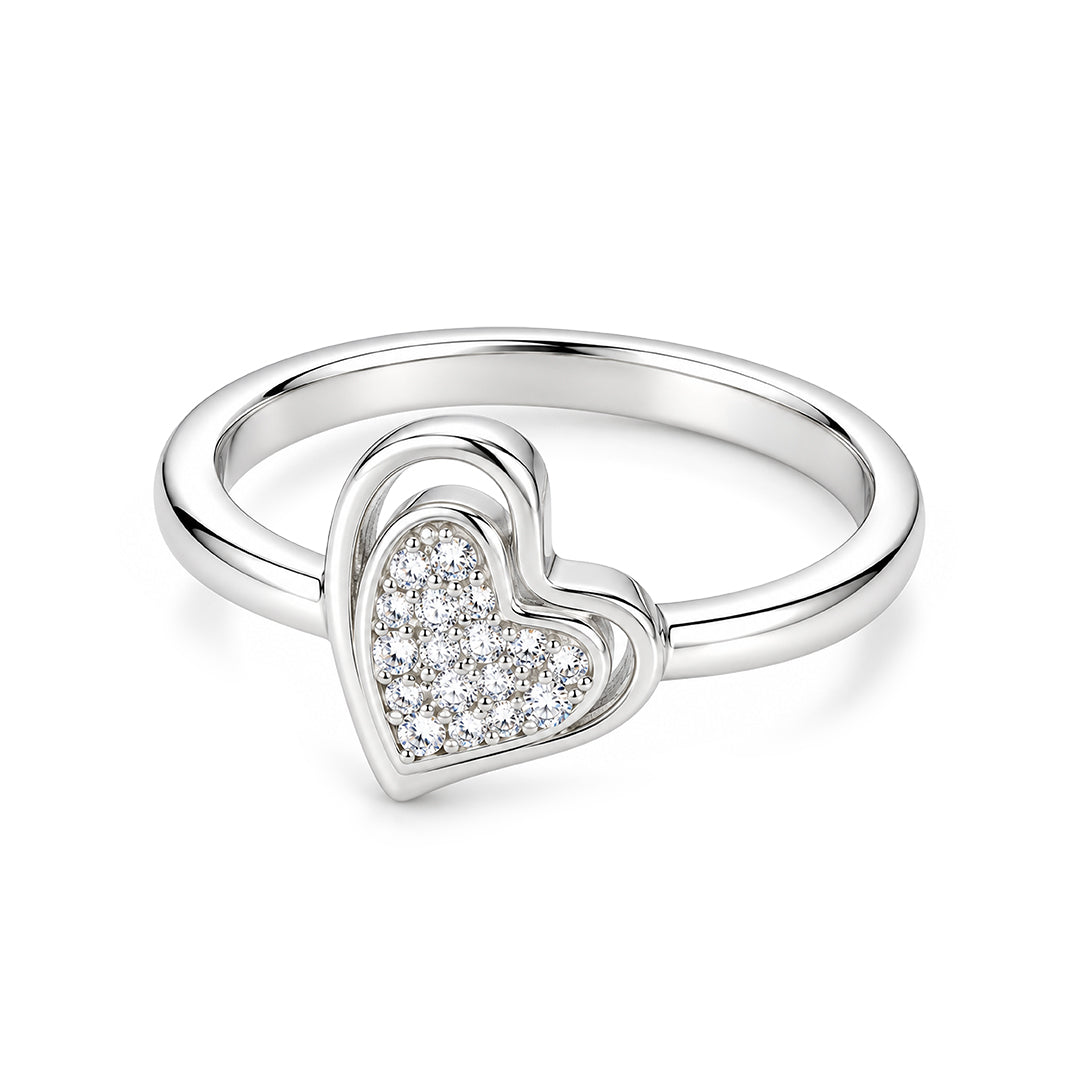 Double Layered Pave Heart Sterling Silver Ring