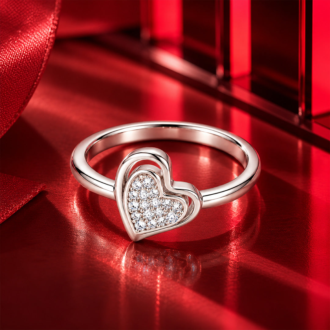 Double Layered Pave Heart Sterling Silver Ring