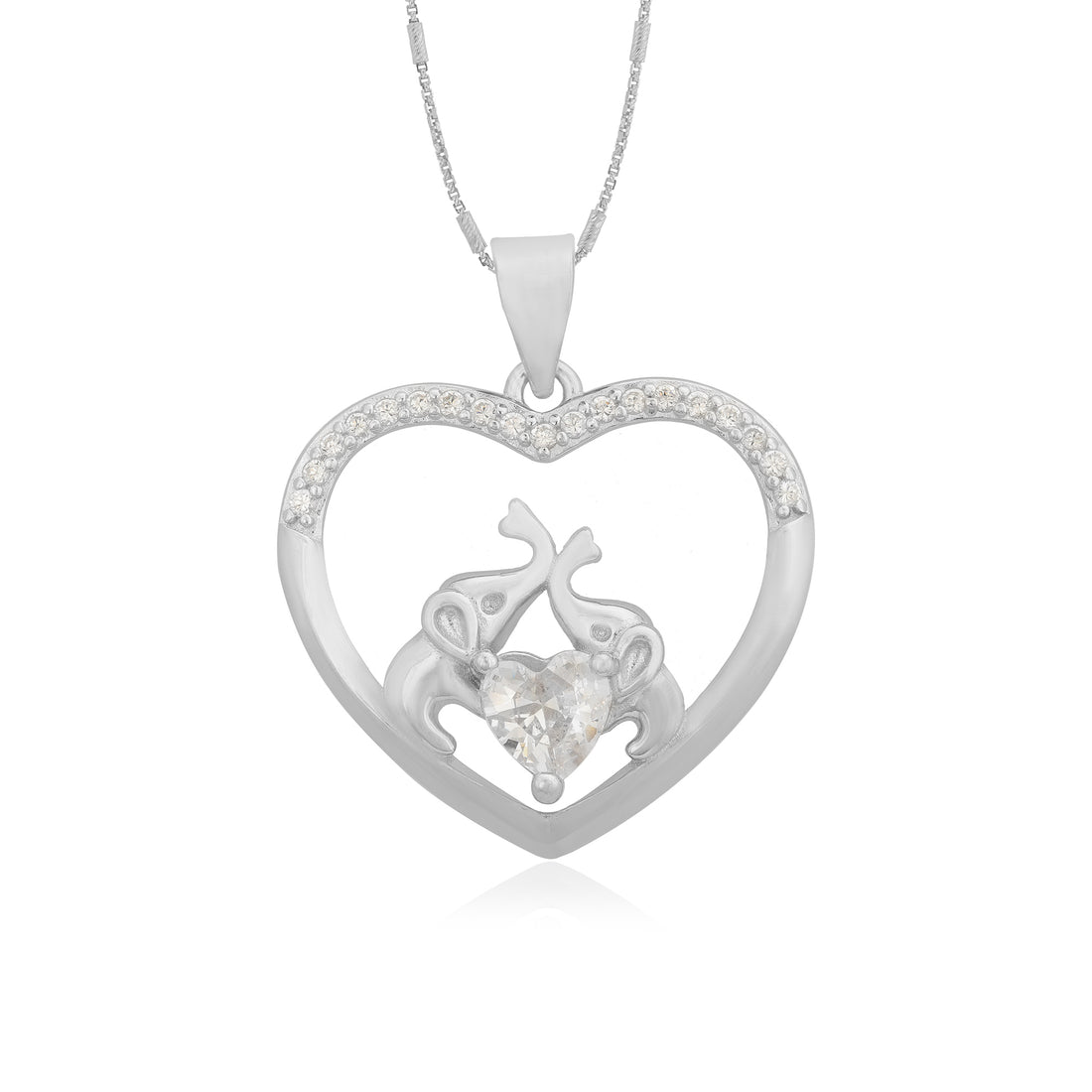 Dual Elephant Love Heart Rhodium Plated Pendants