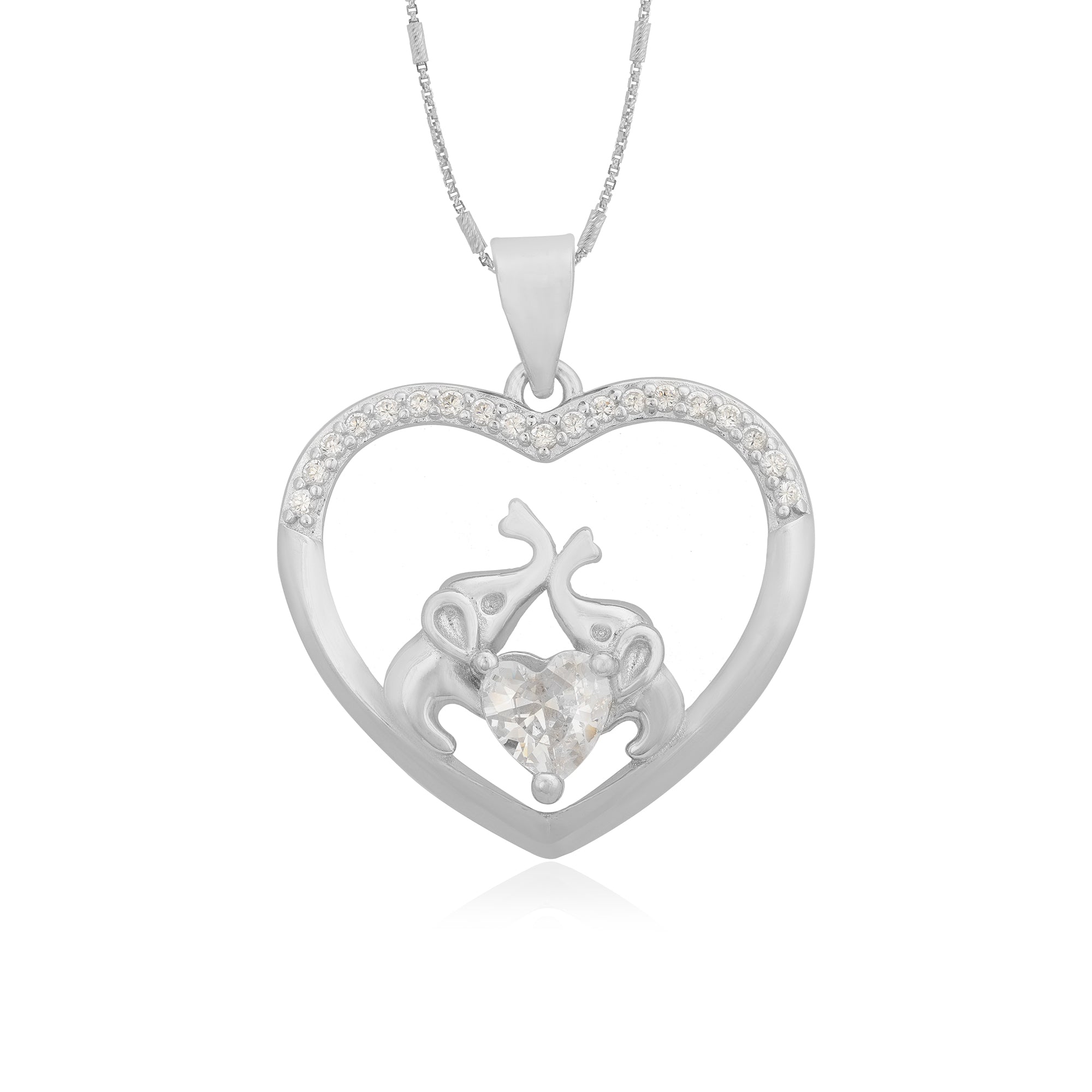 Dual Elephant Love Heart Rhodium Plated Pendants