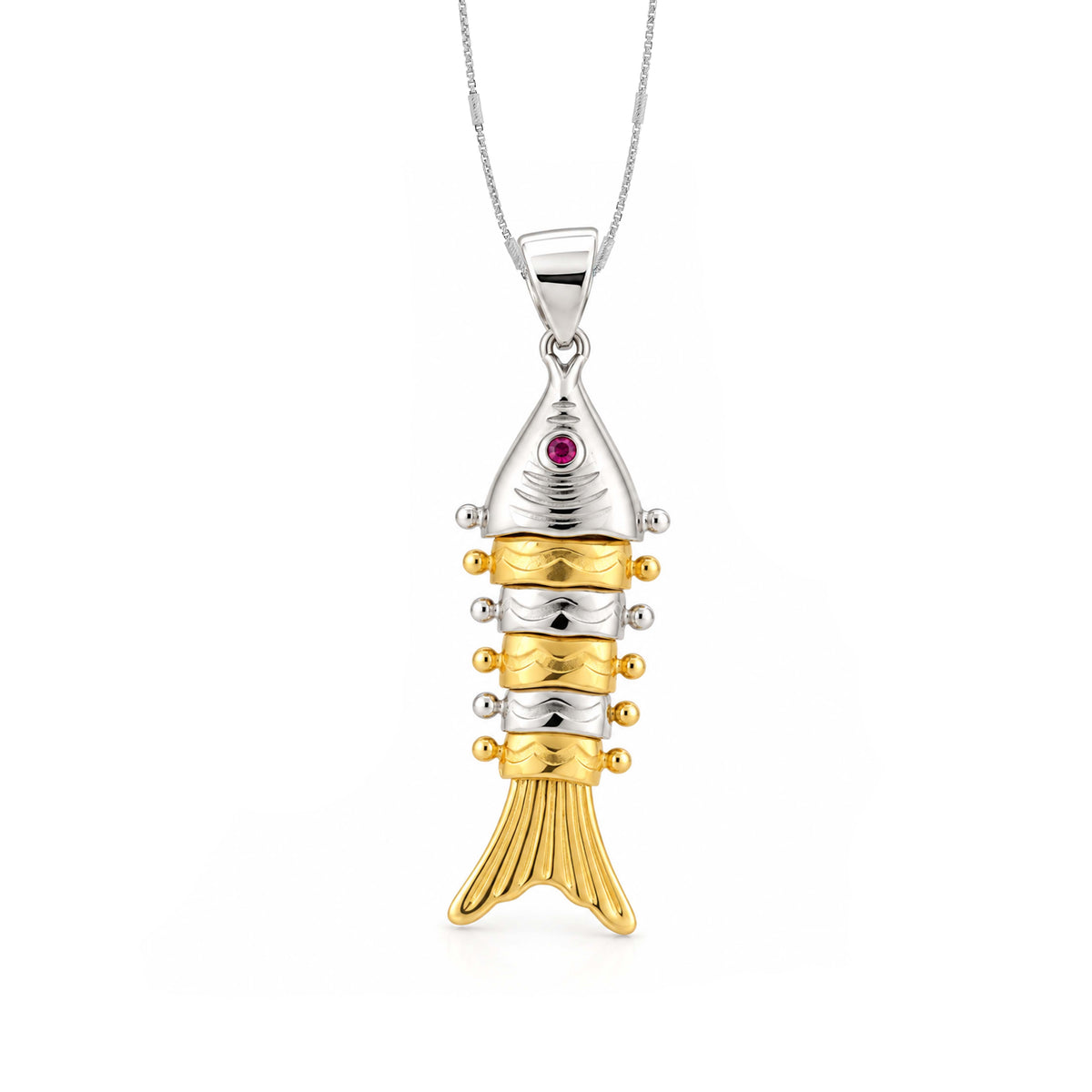 Dual Tone Articulated Fish Sterling Silver Pendant