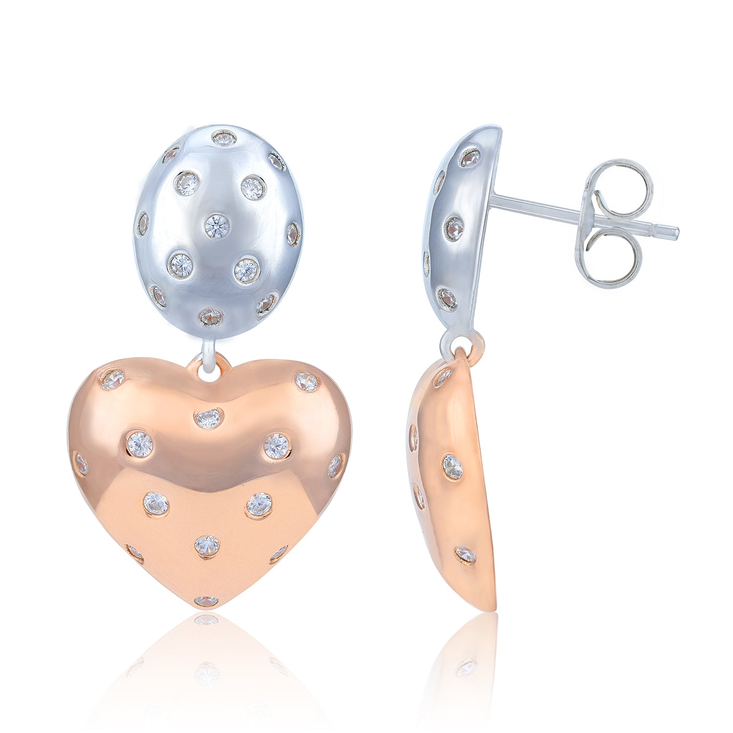 Heart-shaped earrings with rose gold and silver colors on a white background