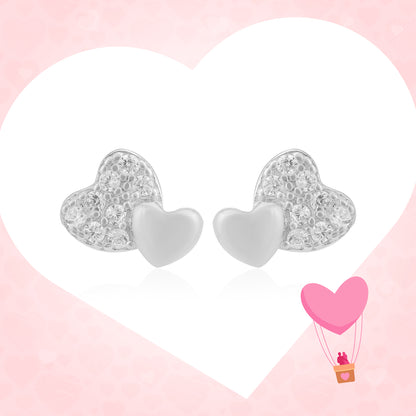 Duo Heart Rhodium Plated Stone Sleek Studs