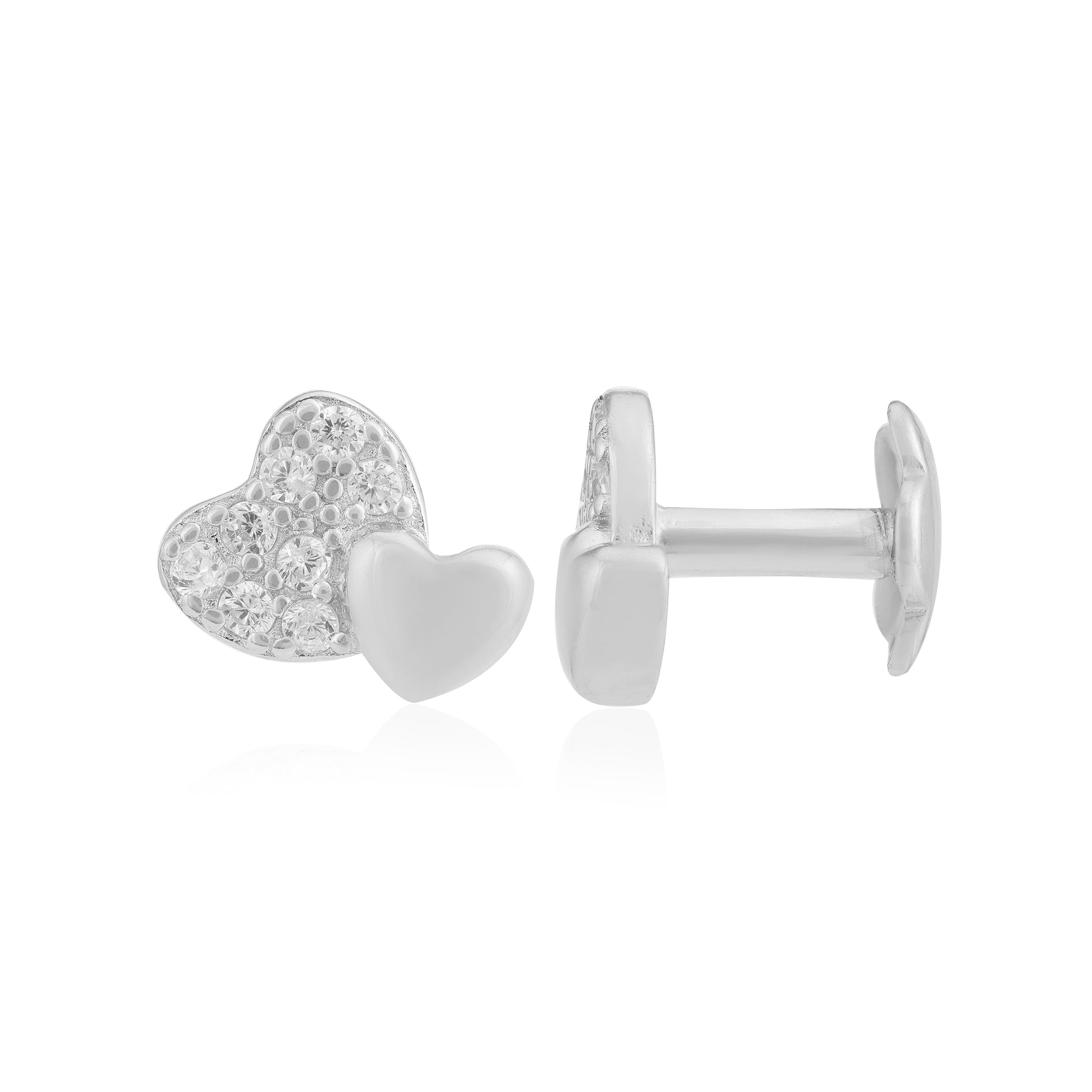 Duo Heart Rhodium Stone Sleek Studs