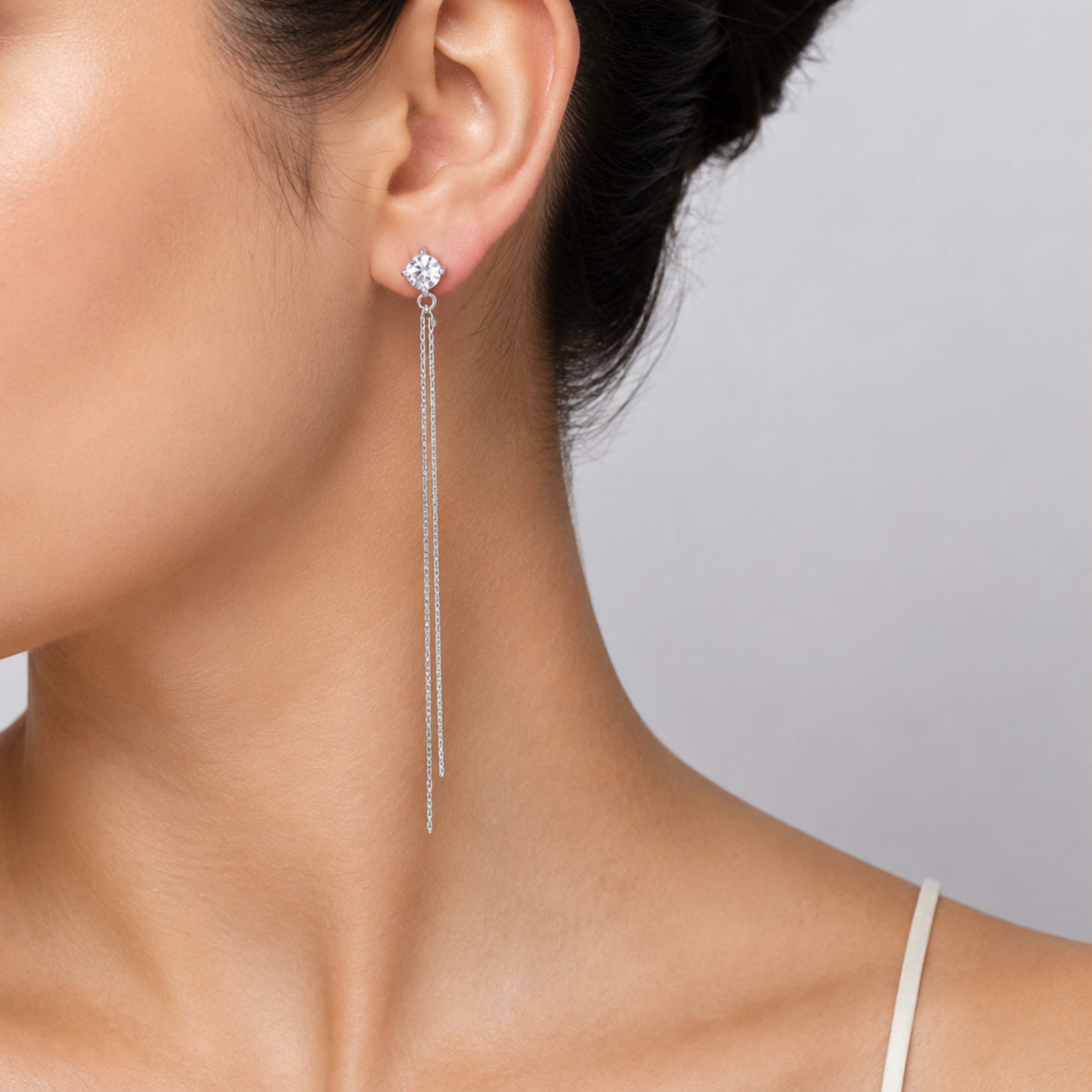 Elegant Crystal Stud Silver Chain Tassel Statement Earring