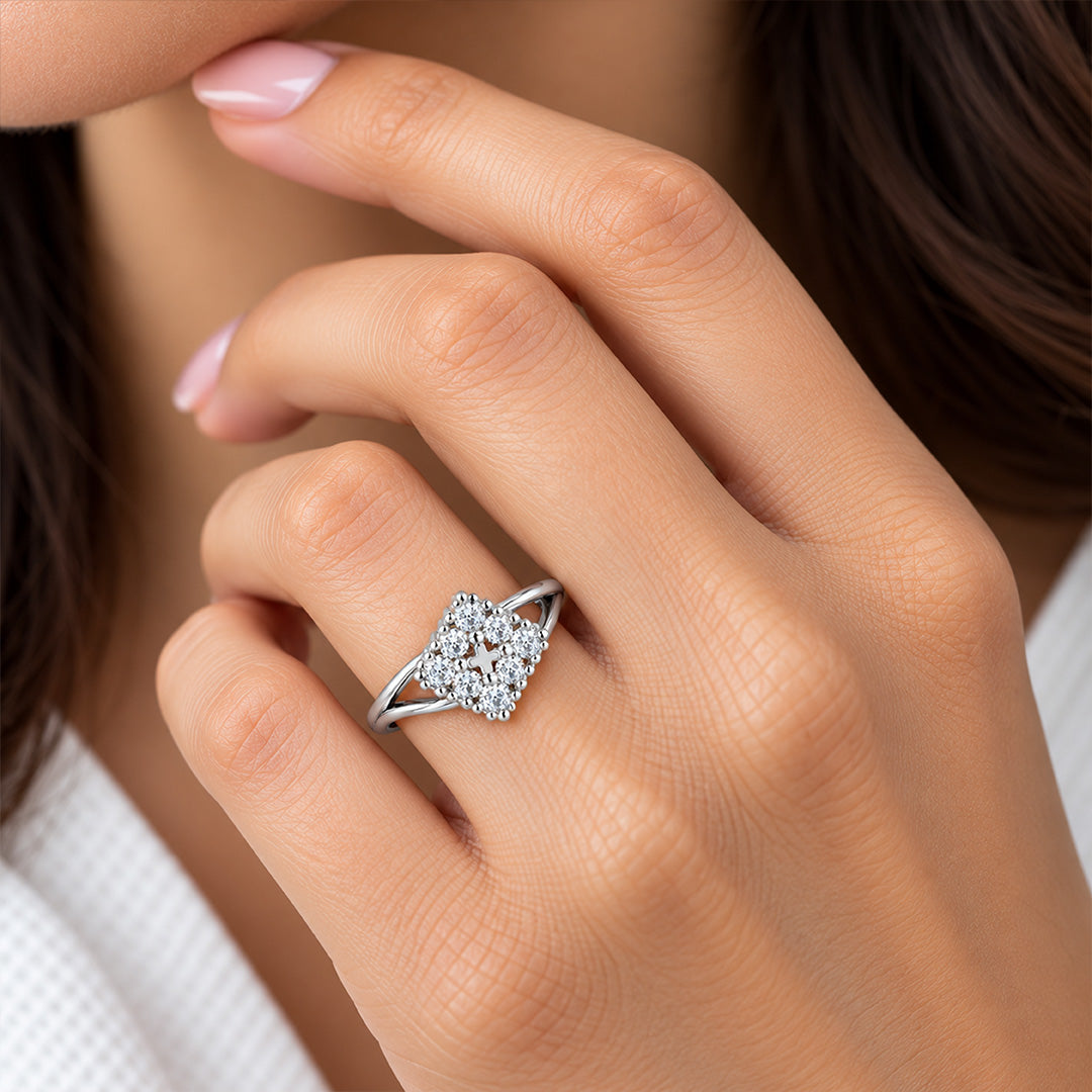 Elegant Diamond-Cluster Rhombus Split-Shank Sterling Silver Ring