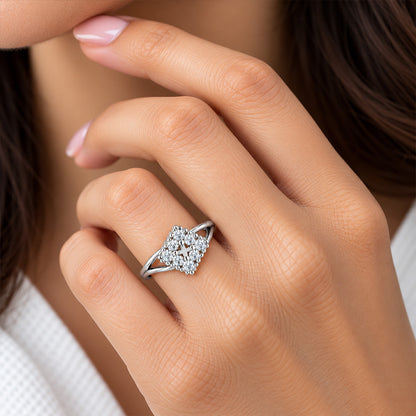 Elegant Diamond-Cluster Rhombus Split-Shank Sterling Silver Ring