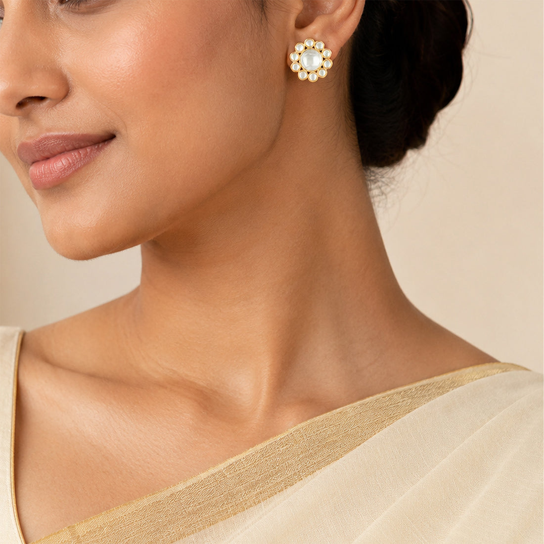 Elegant Kundan Flower 925 Sterling Silver Stud Earrings