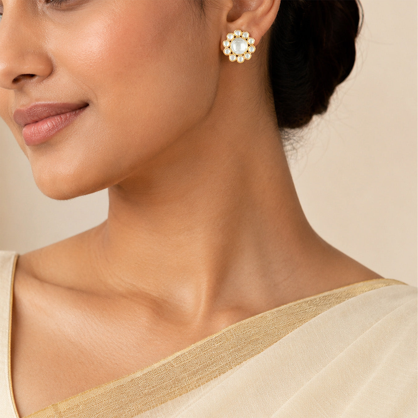 Elegant Kundan Flower 925 Sterling Silver Stud Earrings