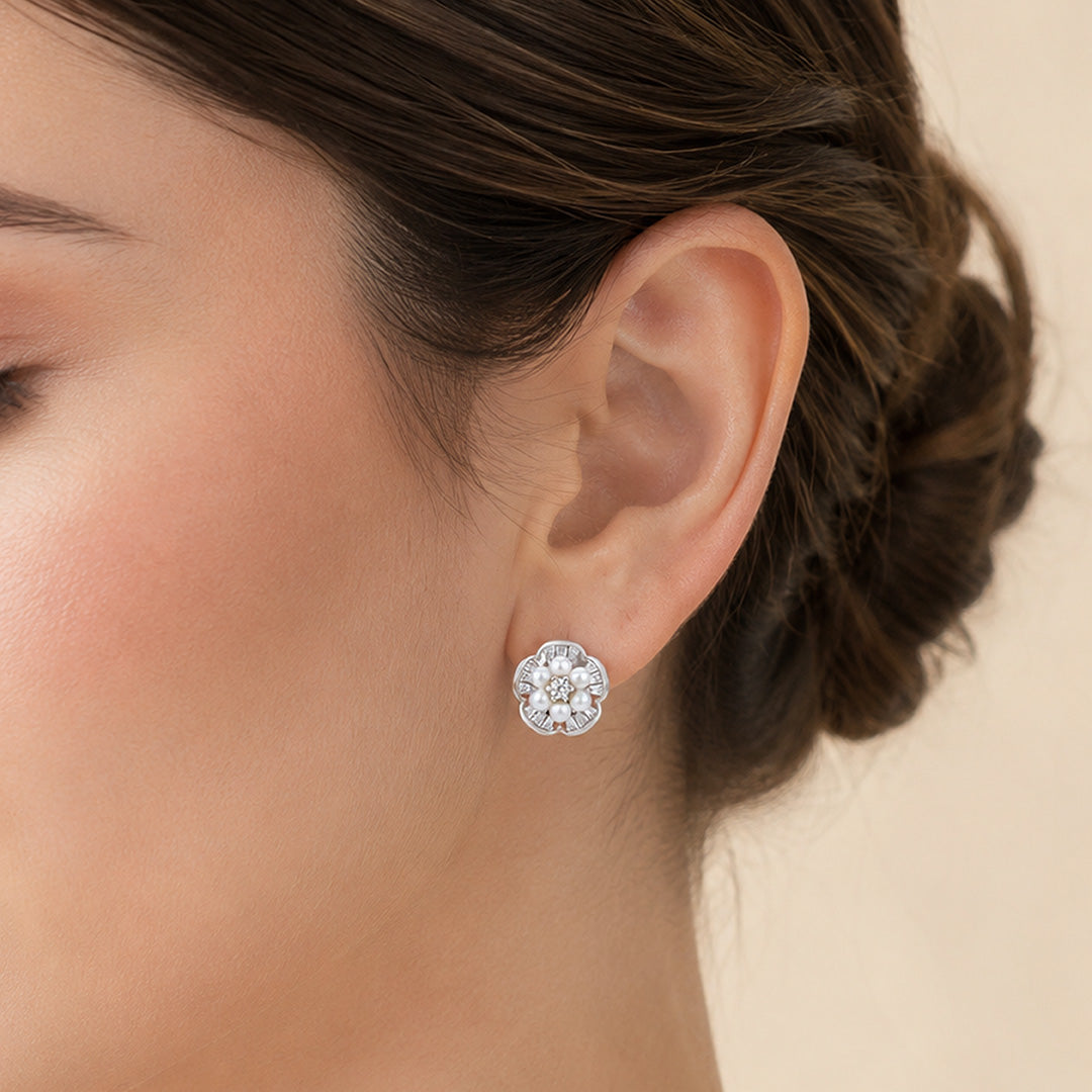 Elegant Pearl Floral 925 Sterling Silver Stud Earrings