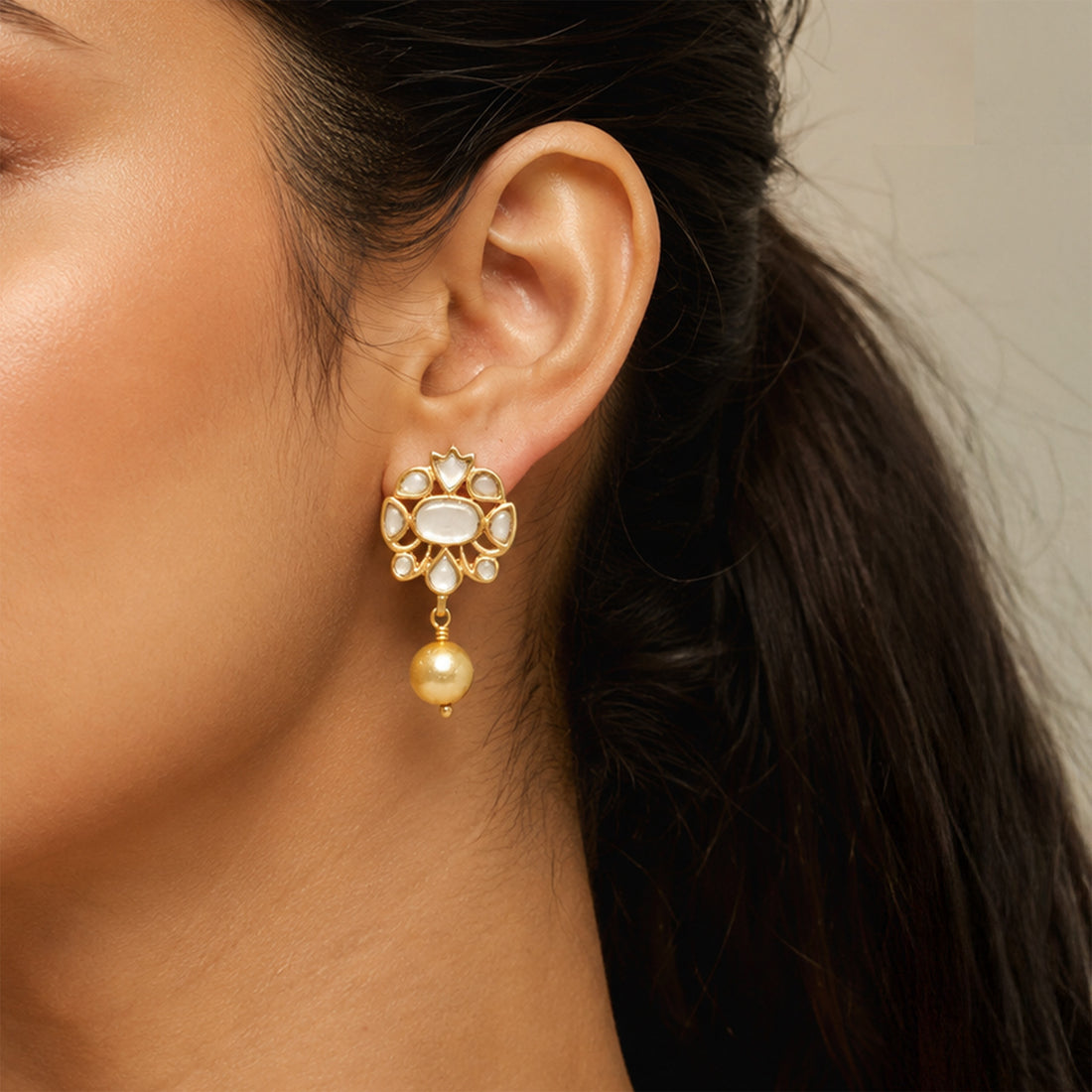 Elegant Pearled Kundan 925 Sterling Silver Earrings