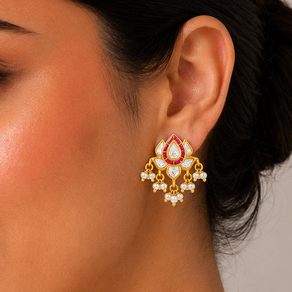 Elegant Polki Pearl Pearl Lotus 925 Sterling Silver Drop Earrings