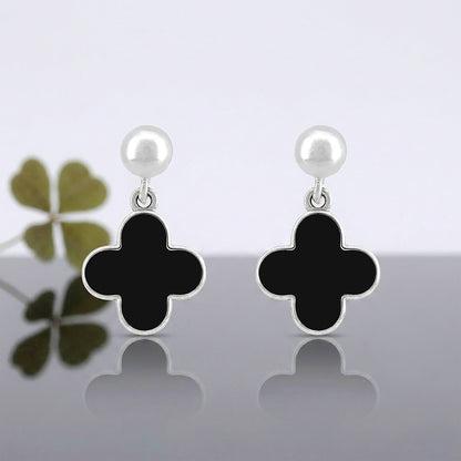Elegant Black Clover Drop 925 Sterling Silver Earring for Women