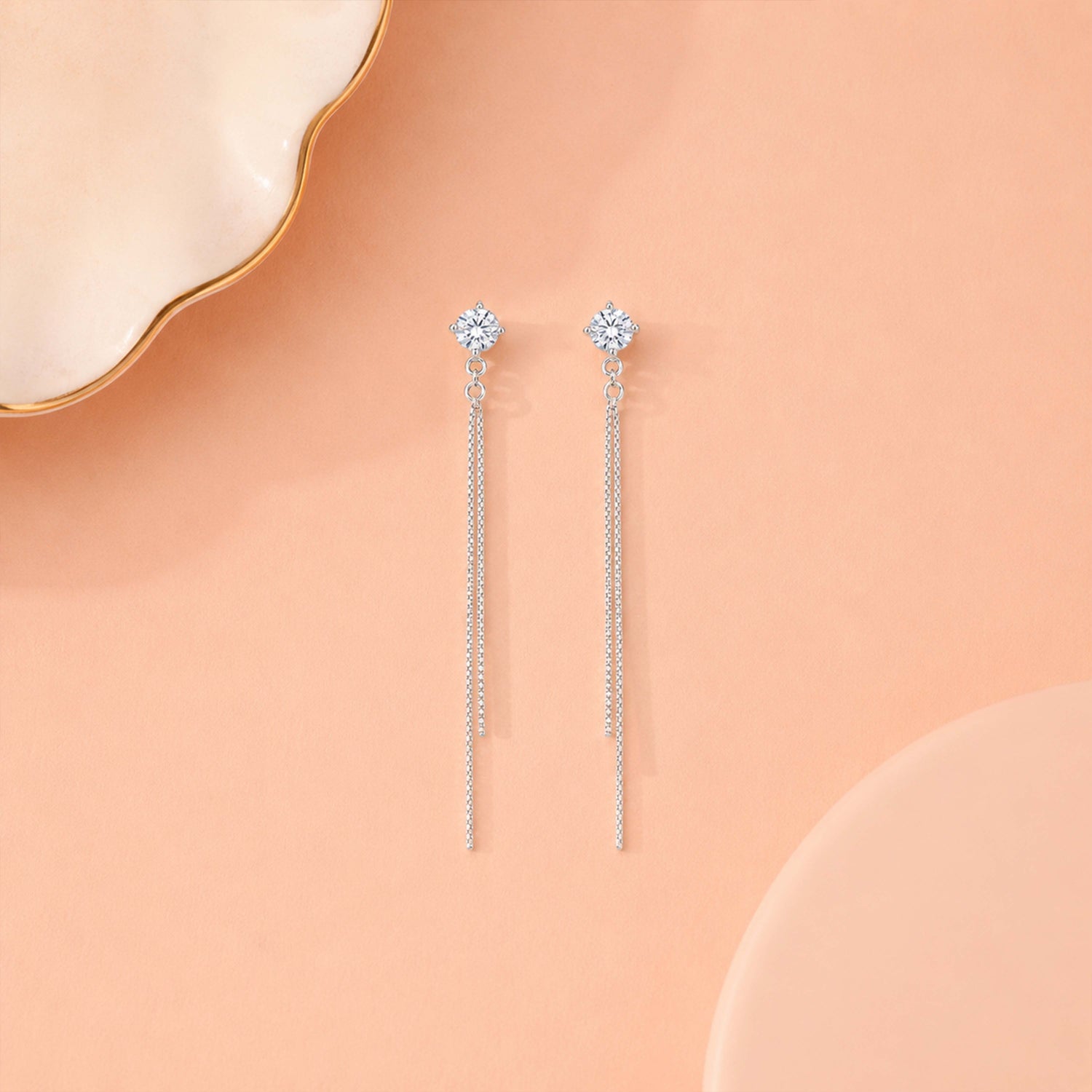 Elegant Crystal Stud Silver Chain Tassel Statement Earring