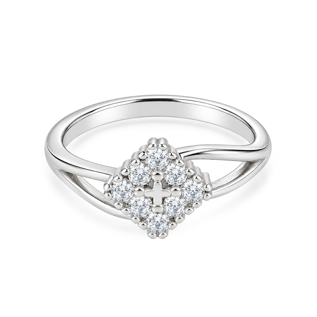 Elegant Diamond-Cluster Rhombus Split-Shank Sterling Silver Ring
