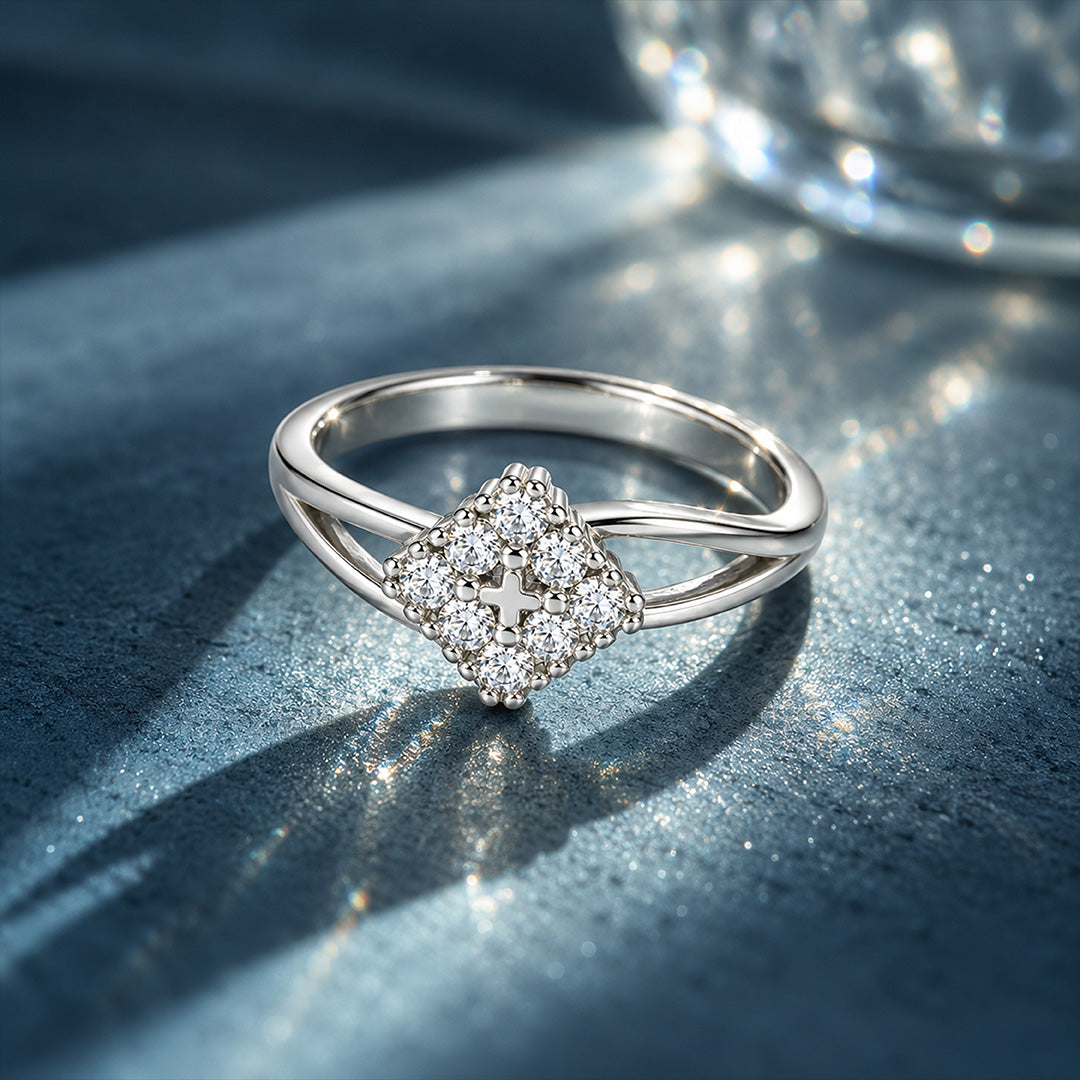 Elegant Diamond-Cluster Rhombus Split-Shank Sterling Silver Ring