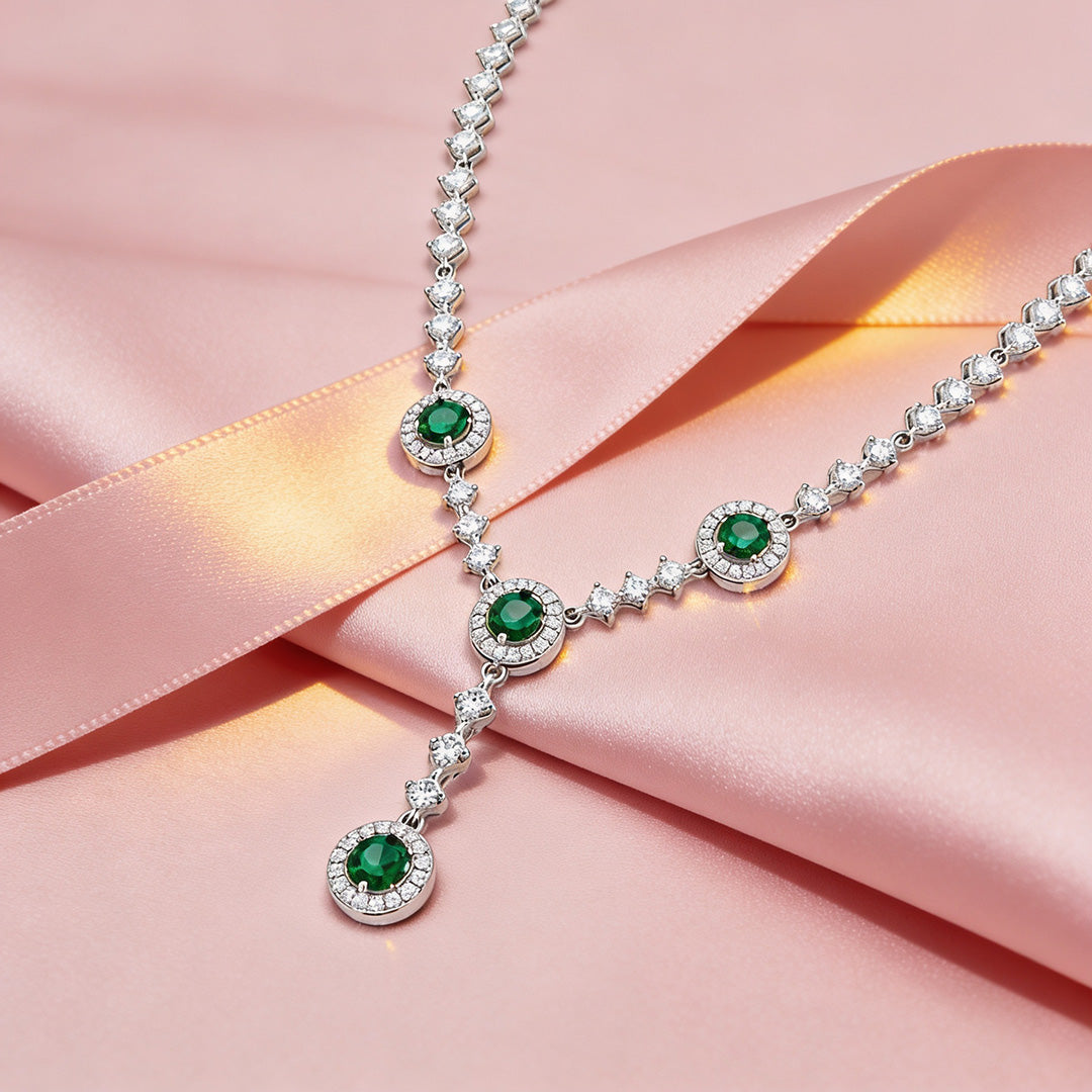 Elegant Emerald Green Sparkle Drop 925 Sterling Silver Necklace for Women