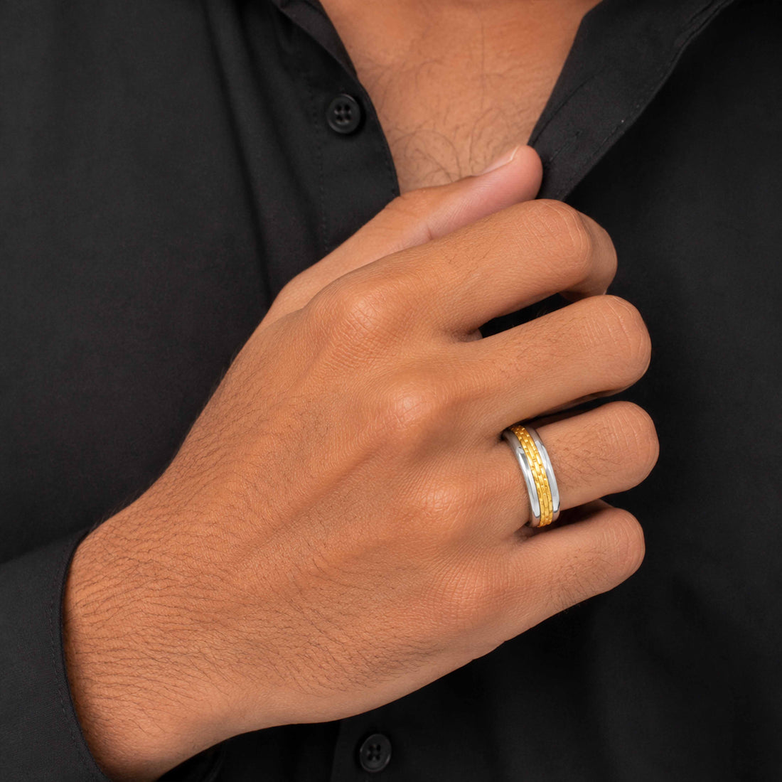 Elegant Gold Inlay Modern Charm 925 Sterling Silver Ring for men