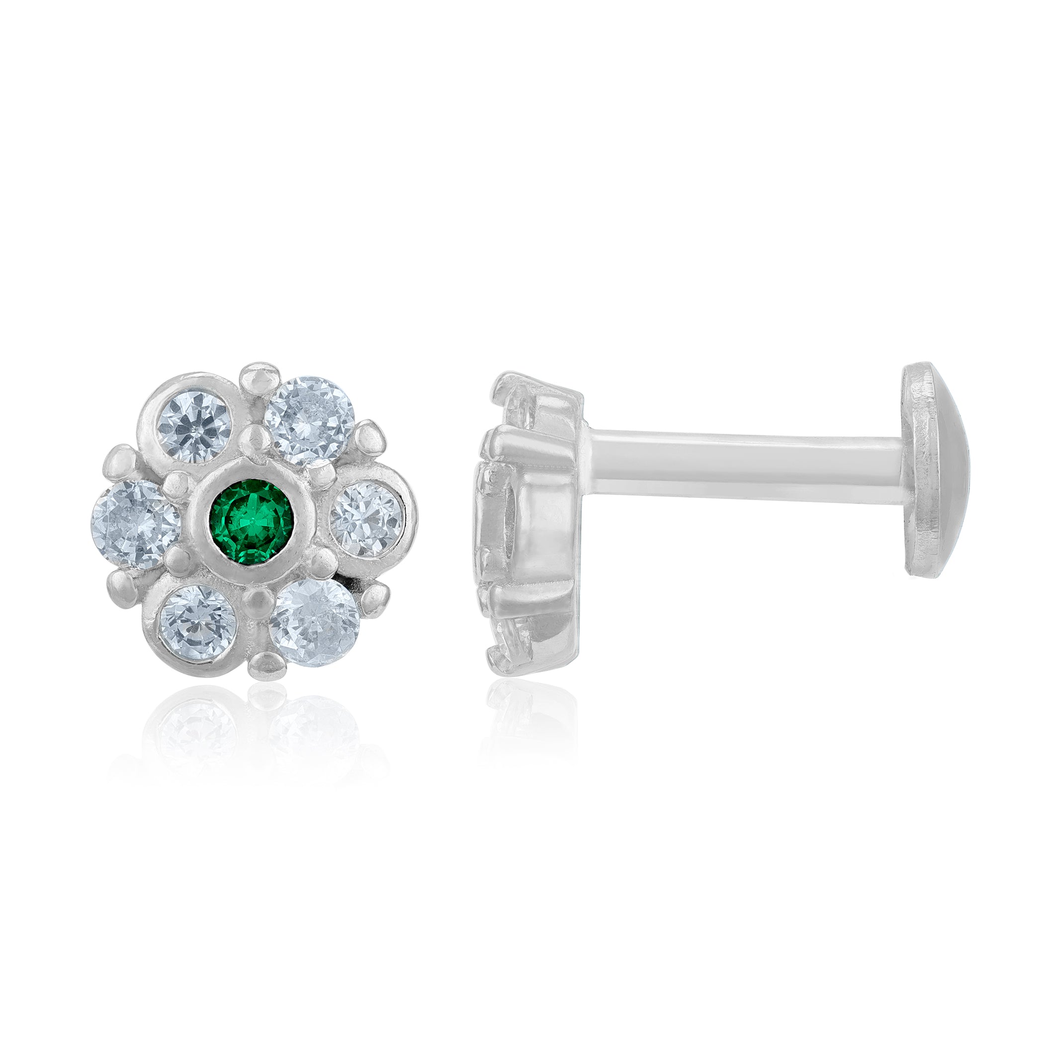 Elegant Green White Floral Bloom 925 Sterling Silver Stud for Women
