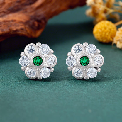 Elegant Green White Floral Bloom 925 Sterling Silver Stud for Women