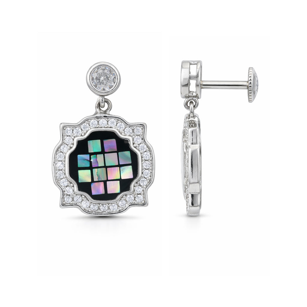 Silver earrings with a central gemstone and colorful square design on a white background