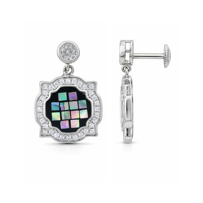 Silver earrings with a central gemstone and colorful square design on a white background