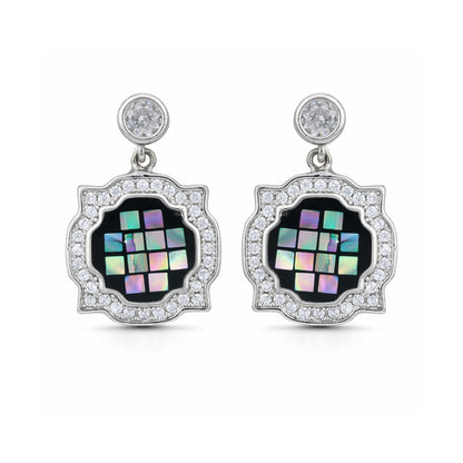 Pair of earrings with black gemstones and diamond-like stones on a white background