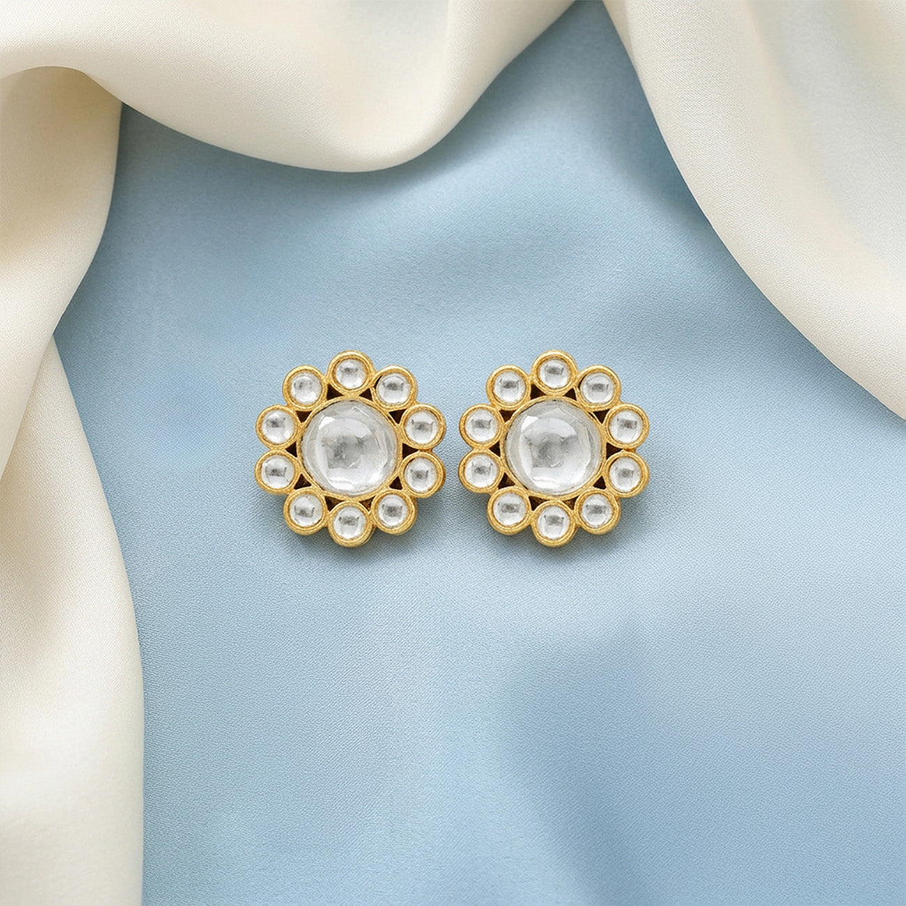 Elegant Kundan Flower 925 Sterling Silver Stud Earrings