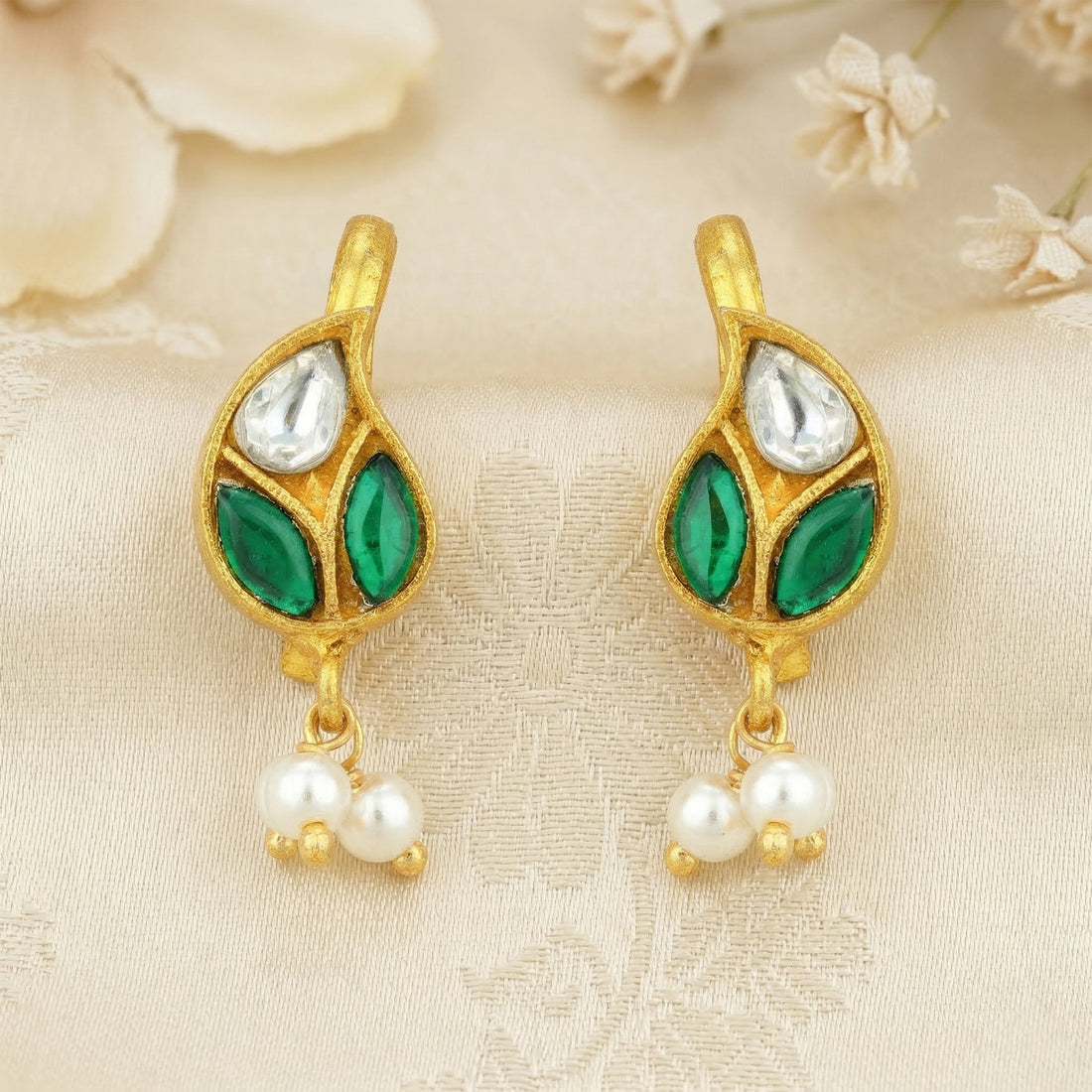 Elegant Kundan Paisley Pearl Drop 925 Sterling Silver Koppu Earring for Women